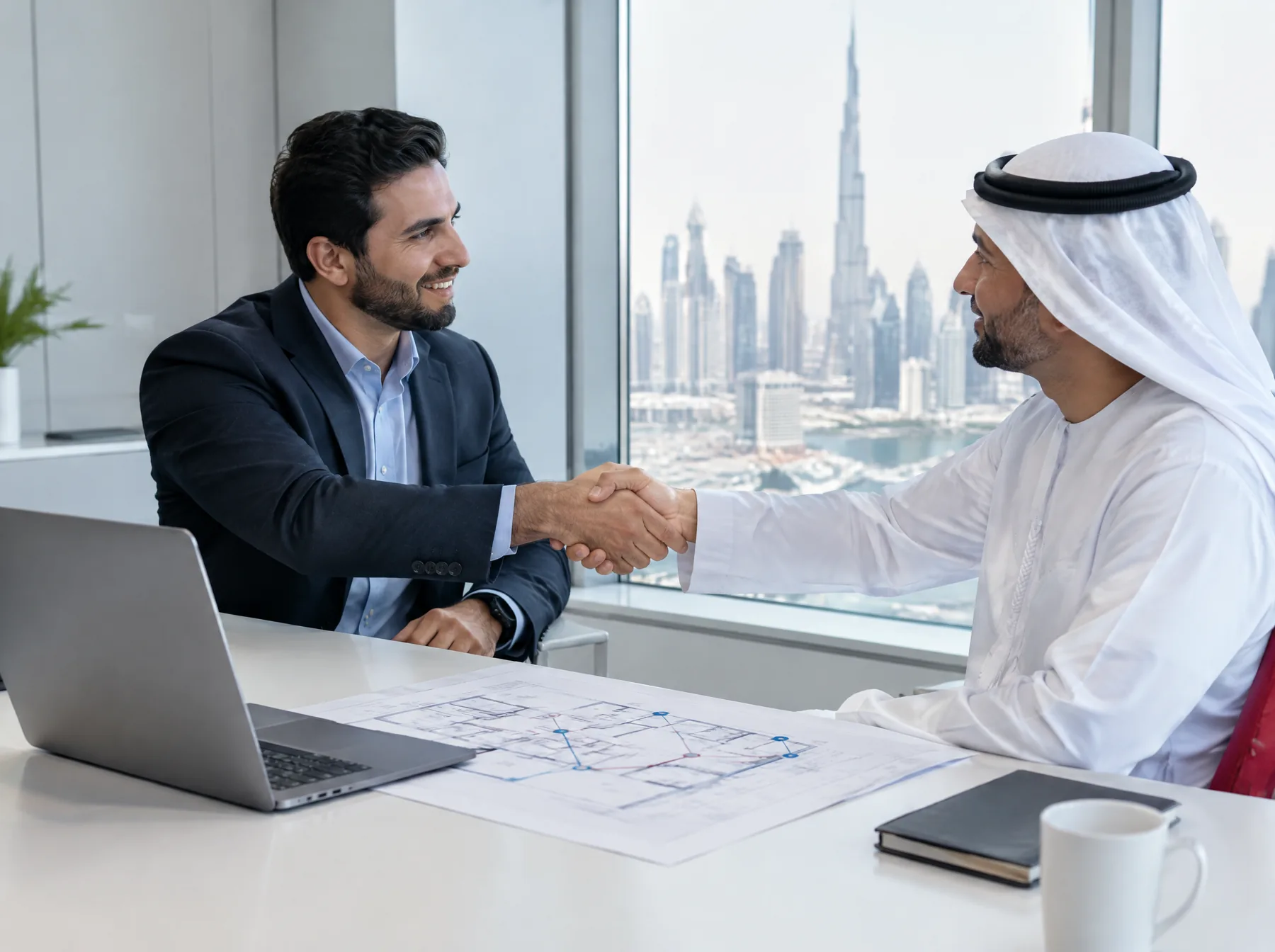 An IT consultant shaking hands with a client after a site survey