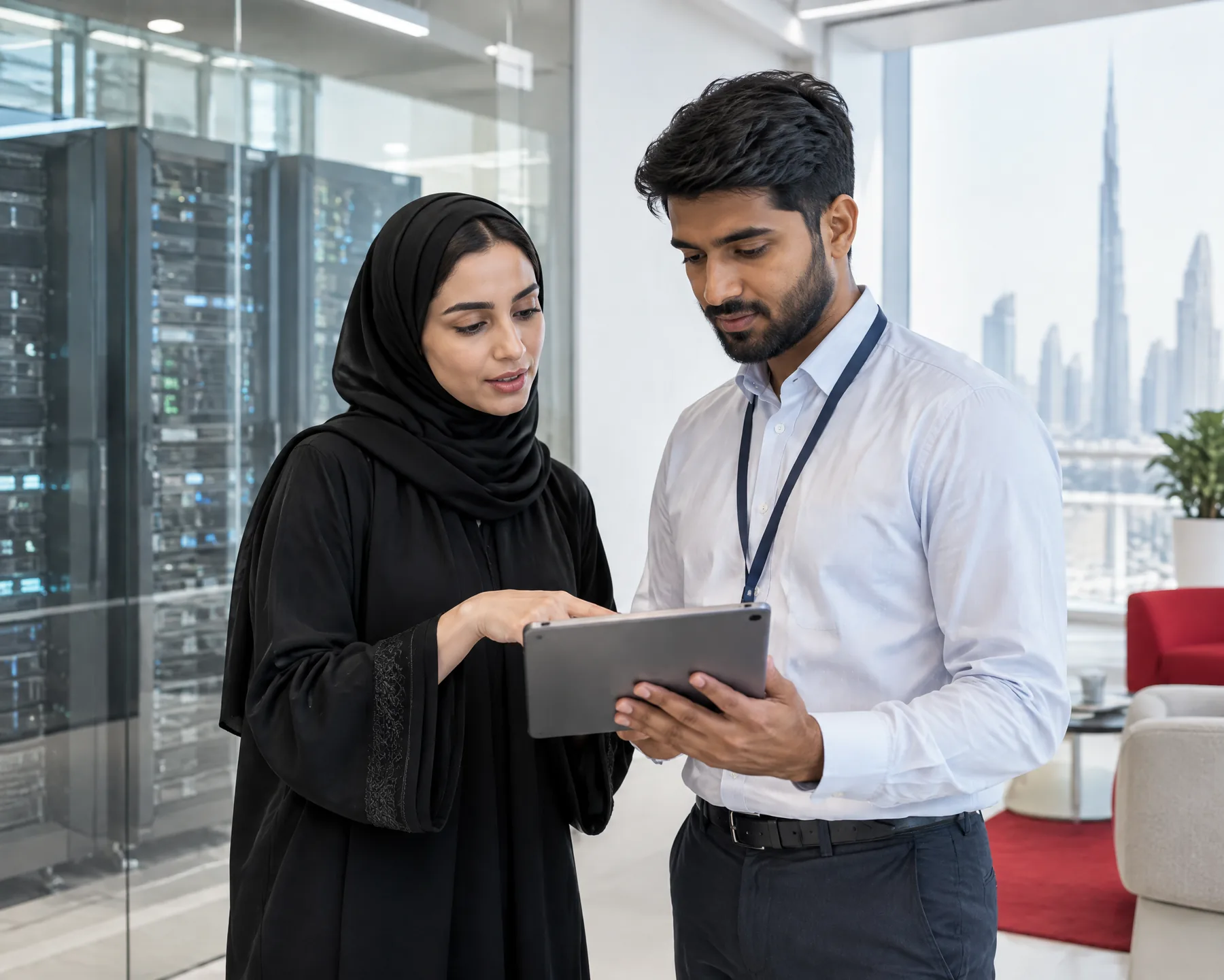 An IT engineer and a client reviewing a network plan